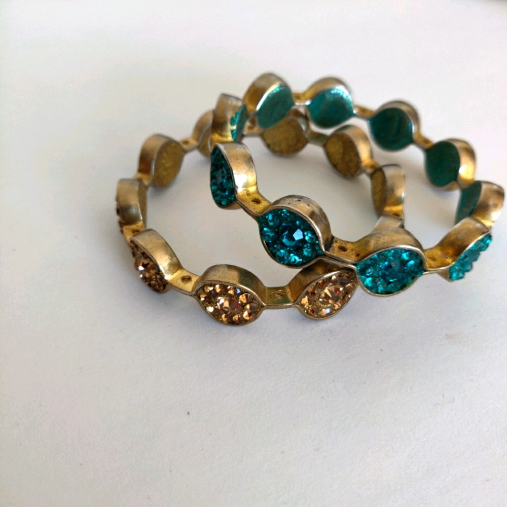 2 Metal Blue&Gold Beaded Boho Bangle Bracelets